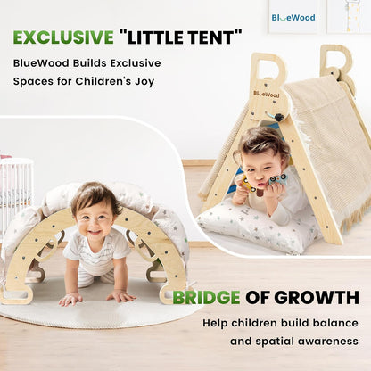 BlueWood Pikler Triangle Set Blue with Cushion and Wooden Busy Board