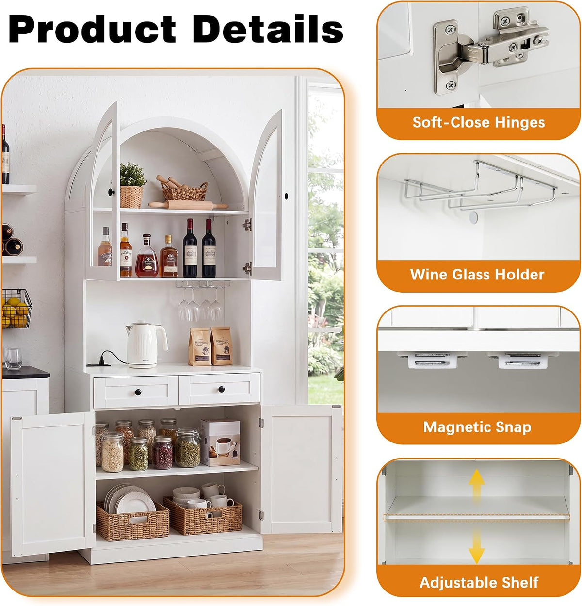 75" Farmhouse Tall Arched Pantry Cabinet with Charging Station & Bar, White | Adjustable Shelves, Open Countertop for Coffee Bar, empered Glass Door, Barn Door Lower Cabinet, Smooth-Glide Drawer