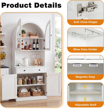 Polibi 75" Farmhouse Arched Pantry Cabinet with Charging Station, Adjustable Shelves, Open Countertop & Glass Racks, Tempered Glass Door & Barn Door, Coffee Bar Cabinet for Dining Room, White