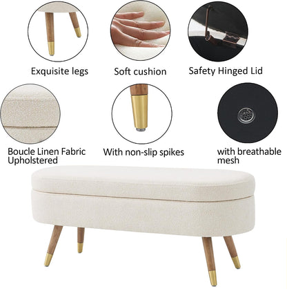 IAFIKE Oval Storage Bench 43.5" Ottoman Bench Upholstered Boucle Fabric Footrest Bench with Golden Metal Legs End of Bed for Bedroom, Living Room, Entryway,Bed Side (Beige)