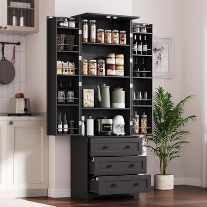 72" Farmhouse Pantry Cabinet, Large Wood Kitchen Storage Cabinet with 2 Sliding Barn Doors & 3 Drawers, Adjustable Shelves, Particle Board for Dining Room, Bathroom, Living Room (Black)