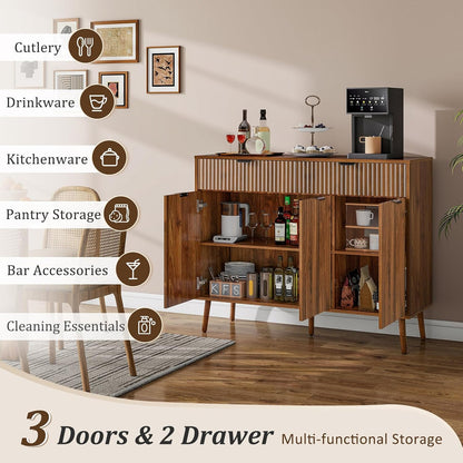 LYNCOHOME Fluted Sideboard Buffet Cabinet with Storage,2 Drawers and 3 Doors,Wood Coffee Bar Cabinet with Solid Wood Feet for Kitchen,Hallway