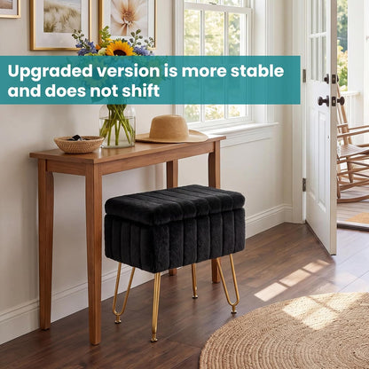 DUMOS Vanity Stool Chair with Storage, Small Ottoman Faux Fur Soft Padded Footstools Seat with 4 Metal Legs Anti-Slip Adjustable Feet Modern Footrest for Home Entryway Bedroom Makeup Black