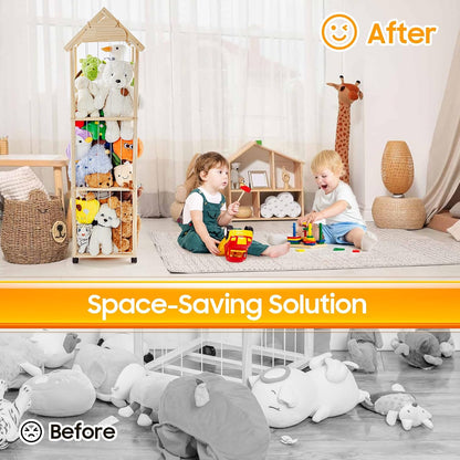 Stuffed Animal Storage, Stuff Animal Holder Organizer Display Shelf | Wooden Zoo Stuffed Animals Storage with Length Adjustable,360° Swivel Wheels Stuffed Animal Storage for Living Room Bedroom
