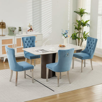 Velvet Dining Chairs Set of 4, Tufted Upholstered High Wingback Chairs with Nailhead Trim & Pull Ring, Silver Stainless Steel Legs for Dining Room, Sillas de Comedor, Light Blue