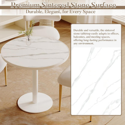31.5'' Tulip Table, Round Pedestal Dining Table with Sintered Stone Tabletop, White Aluminum Alloy Edge & Base, Bistro Table for 2-4 Person for Kitchen/Cafe/Small Spaces/Restaurant (Snow Peak Marble)