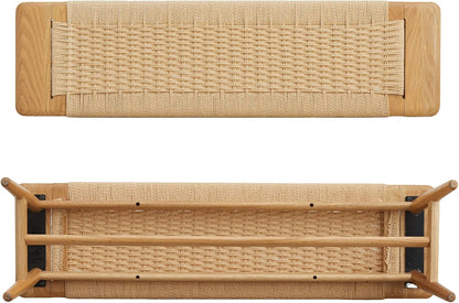 47 Inch Boho Dining Bench Solid Oak with Hand Woven Rattan - Skinny Narrow Bench for Entryway, End of Bed Bench for King Bed, Modern Farmhouse Natural Wicker Hallway Seating