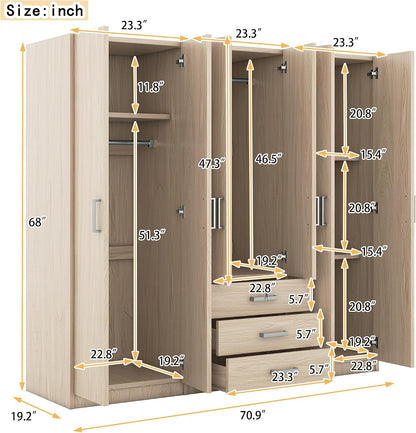 Merax Large 6 Doors Wooden Wardrobe, Bedroom Tall Armoire Closet Organizer with Big Drawers, Hanging Rails and Shelves, Clothes Storage Cabinet for Garage & Laundry Room, Natural