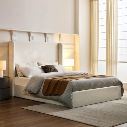 GDFStudio Queen Size Upholstered Wingback Bed with 54" Tall Headboard, Modern Minimalist Design Platform Bed, Textured Canvas Chenille, Easy Assembly, Sturdy Frame, Box Spring Required, Ivory