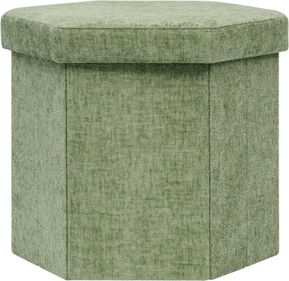 Hexagon Storage Ottoman, Foldable Chenille FootRest with Hidden Storage, Small Ottoman Footstool for Living Room, Bedroom, Dorm, Entryway, 15 x 16.9 x 15 Inches, Green