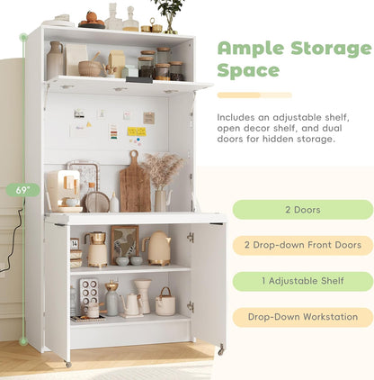 Farmhouse Kitchen Pantry Cabinet with Foldable Workstation, Kitchen Storage Cabinets with Adjustable Shelf & Power Outlet, Versatile Cupboard for Dining Room, Living Room,White