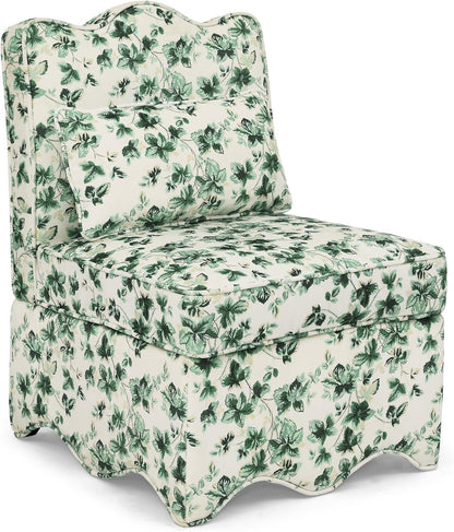 Ball & Cast Flannel Upholstered Armless Chair, Classic American Style Flower Design Fabric Dining Chair, Comfy Farmhouse Accent Chair with Padded Seat and Backrest for Living Room Kitchen, Green