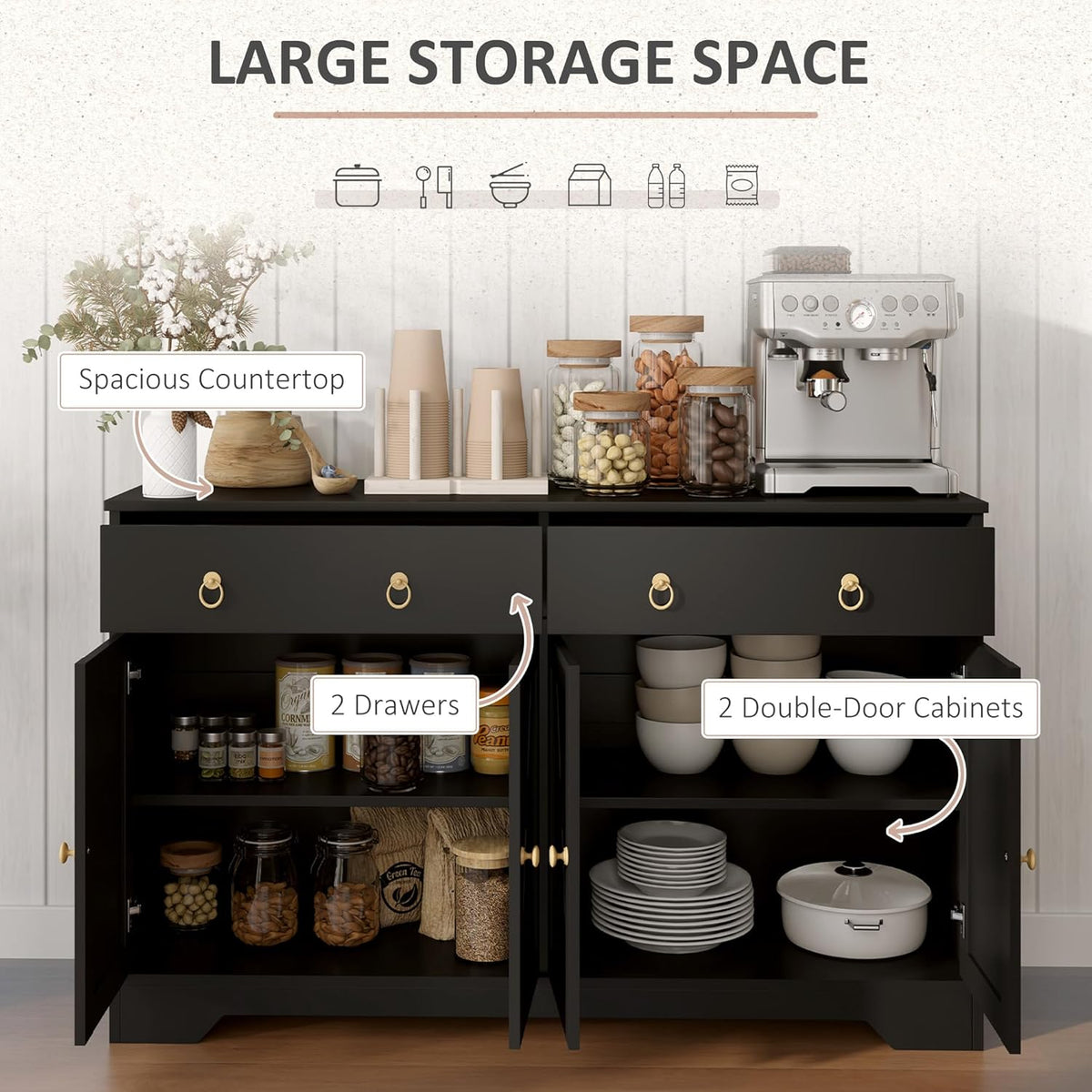 HOMCOM 48" Sideboard Buffet with Storage, Kitchen Storage Cabinet with 2 Drawers and 4 Barn Doors, Farmhouse Coffee Bar Cabinet with Adjustable Shelves, Black