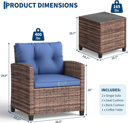 Garvee Outdoor Wicker Chairs,3 Pieces Patio Furniture Set,All Weather High Back Rattan Chairs w/Washable Cushion and Tempered Glass Tabletop for Deck Porch Balcony Backyard Garden,Brown & Blue