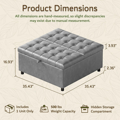 LINLUX Grey Leather 36 Inch Square Large Living Room Lift Top Ottoma | LINLUX Tufted Upholstered Shoe Storage Entry Bench, Bed Benches For Foot Rest, Lift Footrest For Dorm Bedroom Office