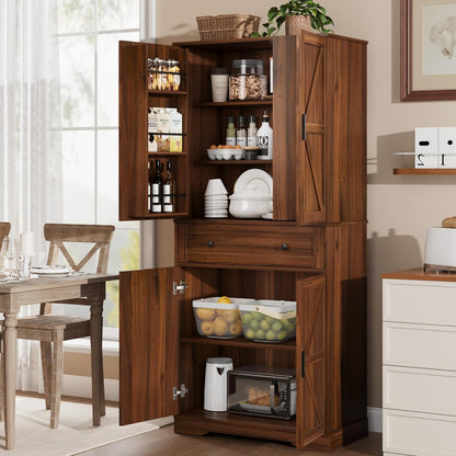Garvee 71" Kitchen Pantry Cabinet, Barn Door Freestanding Cupboard with Drawer, Sliding Storage Rack, and 6 Hanging Shelves for Kitchen, Dining Room, Living Room Bedroom