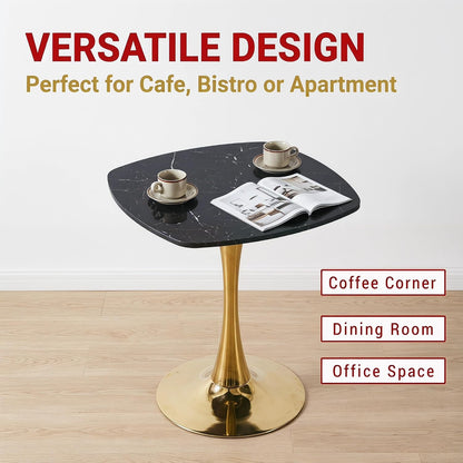 24 Inch Square Tulip Bistro Table for 2-4, Small Dining Table with Gold Metal Pedestal Base, Black Faux Marble Top Kitchen Table, Modern Square Cafe Table for Apartment Living Room Office Small Space