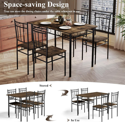 5 Piece Dining Table Set, Modern Metal&Wood Kitchen Dinner Table with 4 Chairs, Dining Room Table Sets for Small Spaces, Brown