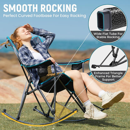 FUNDANGO Rocking Camping Chair for Adults, 400Lbs Folding Camp Chairs | 2 Pack Oversized Portable Chair for Outside with Pillows, Wide Armrest, Carry Bag for Patio Garden Outdoor(Black/Blue)
