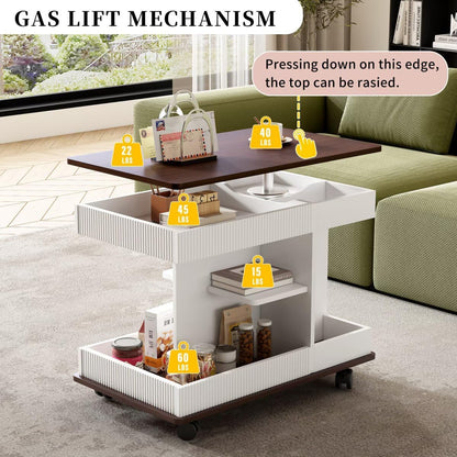 29.5" Adjustable End Table with Wheels, Modern Multifunctional Sofa Side Table with Lift-Top, 360°Rotating Top and Storage Space for Living Room, Small Space, Brown+White