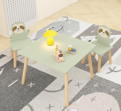 Kids Table and Chair Set with 2 Sloth Chairs 23.6" x 23.6" x 17.3" Solid Wood Table & Chairs in Sage Green & Natural Wood