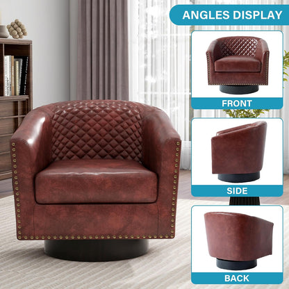 Swivel Barrel Accent Chairs Set of 2, Faux Leather Upholstered Armchair for Living Room, Comfy Bedroom Side Reading Seat, Red Brown