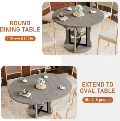 Extendable Round Dining Table for 4-6-8, 43.3-59in Expandable Kitchen Table with Storage Shelf, Space Saving Circle Oval Dining Table with Leaf for Kitchen, Dining Room, Gray
