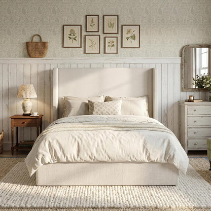 54" Majestic Extra-Tall Wingback Bed Frame Queen - Premium Textured Ivory Canvas Chenille Upholstered Platform Bed, 1000lbs Capacity, No Box Spring Needed (Queen U.S. Standard)