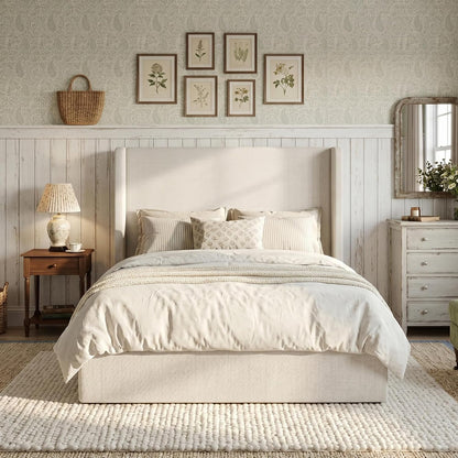 52" Extra-Tall Wingback Bed Frame California King - Luxury Textured Ivory Canvas Chenille Upholstered Platform Bed, 1000lbs Heavy Duty, Box Spring Not Required (California King)