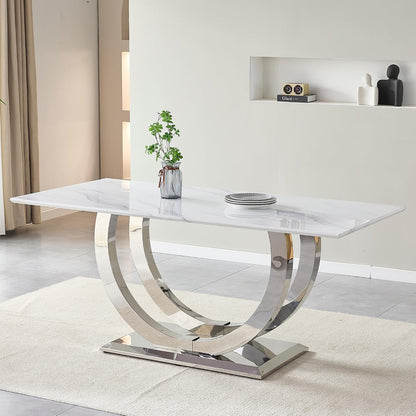 SSLine Modern White Marble Dining Table for 6,Luxury 69" Faux Marble Kitchen Table for 4 6 8, Rectangle Dining Room Table with Silver Stainless Steel U-Shape Base(1 Table Only)