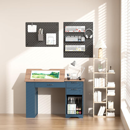 Drafting Table with Storage Cabinet & Drawers, Adjustable Drawing Table with Open Shelves, Craft Art Desk for Artists, Painters, Drawing, Crafting, Reading, Writing, Working (Blue)