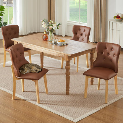 Faux Leather Dining Chairs Set of 4, Upholstered Dining Room Chair with Button Tufted, Solid Wood Legs, Mid Century Modern, Luxury Wingback Side Chair for Living Room, Kitchen, Restaurant, Brown