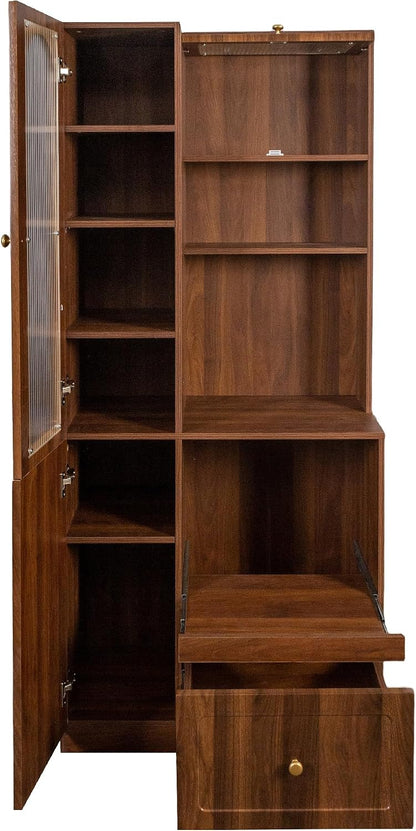 Pantry Cabinet, 71" Kitchen Buffet Hutch with Fluted Glass & Pull-Out | Fluted glass doors, pull-out shelf & deep drawer make this hutch perfect for kitchen, dining room & coffee bar organizing