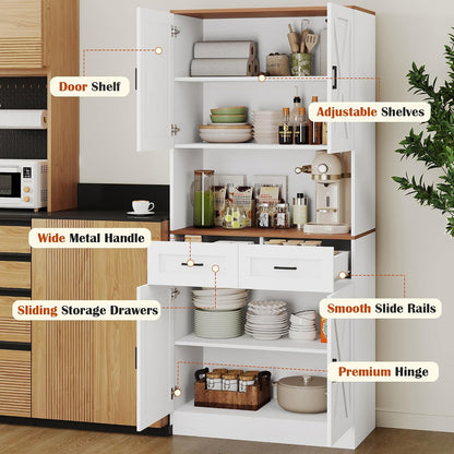 71" Tall Farmhouse Kitchen Pantry Cabinet , Storage Freestanding Cupboard, Modern Kitchen Hutch Bar Cabinet with Microwave Stand, Wood Buffet Sideboard with Drawers Shelves for Dining Room-White