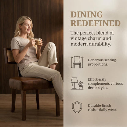 VESCASA Mid Century Modern Rattan Dining Chairs Set of 6, Upholstered Leather Dining Room Chairs with Cane Back, Walnut Wood Legs, Kitchen Accent Chairs for Apartment, Farmhouse & Modern Home, Brown