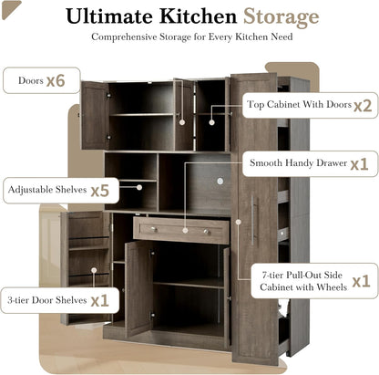 roomfitters Large Kitchen Pantry Cabinet with Pull-Out Side Storage and Hutch, Shaker Style Buffet, Brown