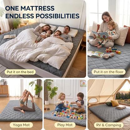 DOWNSTORIA Japanese Floor Mattress, Futon Mattress Roll Up Tatami Mat with Handle, Foldable Floor Bed Sleeping Pad for Camping, Full Size, Grey(54x75)