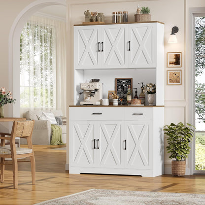 HOSTACK 71"H Kitchen Pantry Storage Cabinet, Farmhouse Hutch Cabinet, White | Space-Saving Pantry Cabinet with Charging Station & 2 Large Drawers & Adjustable Shelves, Tall Kitchen Hutch, Dining Room