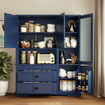 LUMISOL 78" Tall Kitchen Pantry Cabinet with Hutch and Drawers, Modern Kitchen Hutch with Door Shelf and Adjustable Shelves, Large Food Pantry Storage Cabinet for Kitchens,Dining Room, Blue