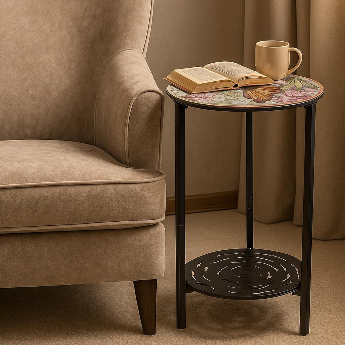 2-Tier Metal Round Side Table Black Accent Coffee Tables Small Space Corner Plant Stand Shelf for Indoor Outdoor Use Patio Balcony End Table Butterfly Print Weather-Resistant