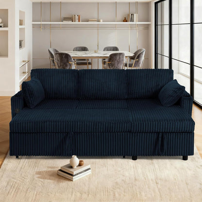 84" Corduroy Pull Out Sofa Bed w/Adjustable Backrests, Blue