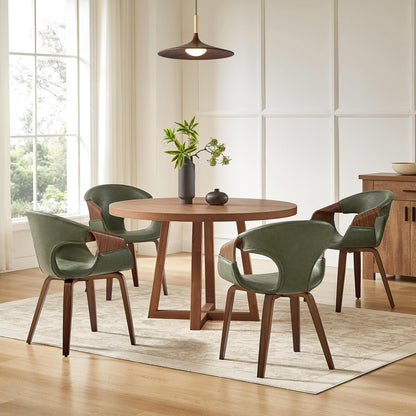 Zouron Mid Century Modern Dining Chair, Faux Leather Armchair with Wooden Legs, Padded Upholstery Accent Desk Chair No Wheels for Living Room Kitchen, Green