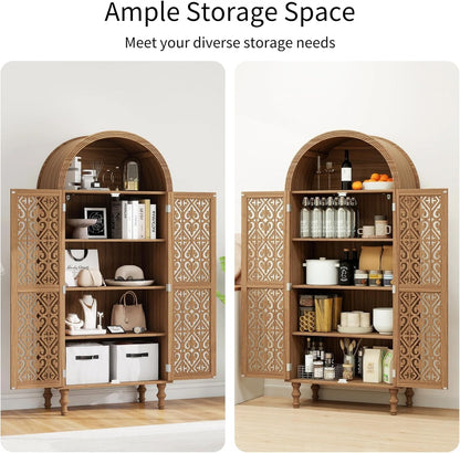 70" Tall Arched Kitchen Pantry with 5-Tier Storage Space, Boho Storage Cabinet with Hollow Carved Door, Modern Farmhouse Versatile Cupboard for Kitchen, Dining Room, Living Room, Walnut, 1 PCS