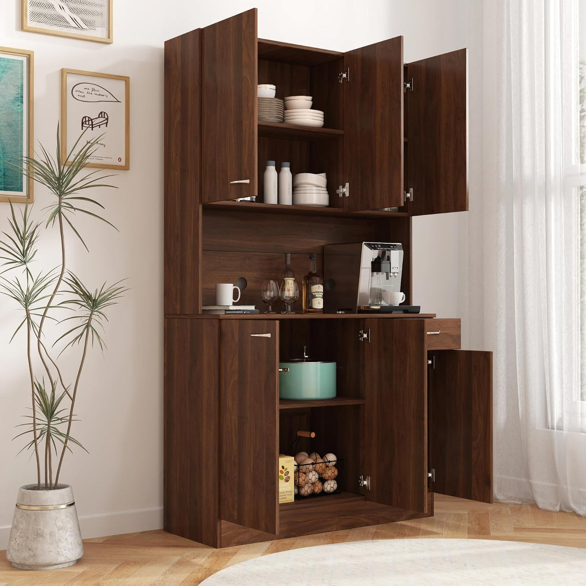 70.86" Tall Kitchen Pantry Cabinet with Open Countertop Freestanding Kitchen Hutch with Doors & Shelves & Drawer Wood Cupboard Large Pantry Cabinet Home Bar for Living Dining Room, Dark Walnut