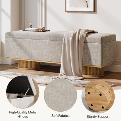 Tribesigns 50.39" Storage Bench with Padded Seat Cushion, Upholstered Shoe Bench with Flip Up Storage for Bedroom, Living Room, Entryway, Load up to 330 lb, Beige + Wood Color