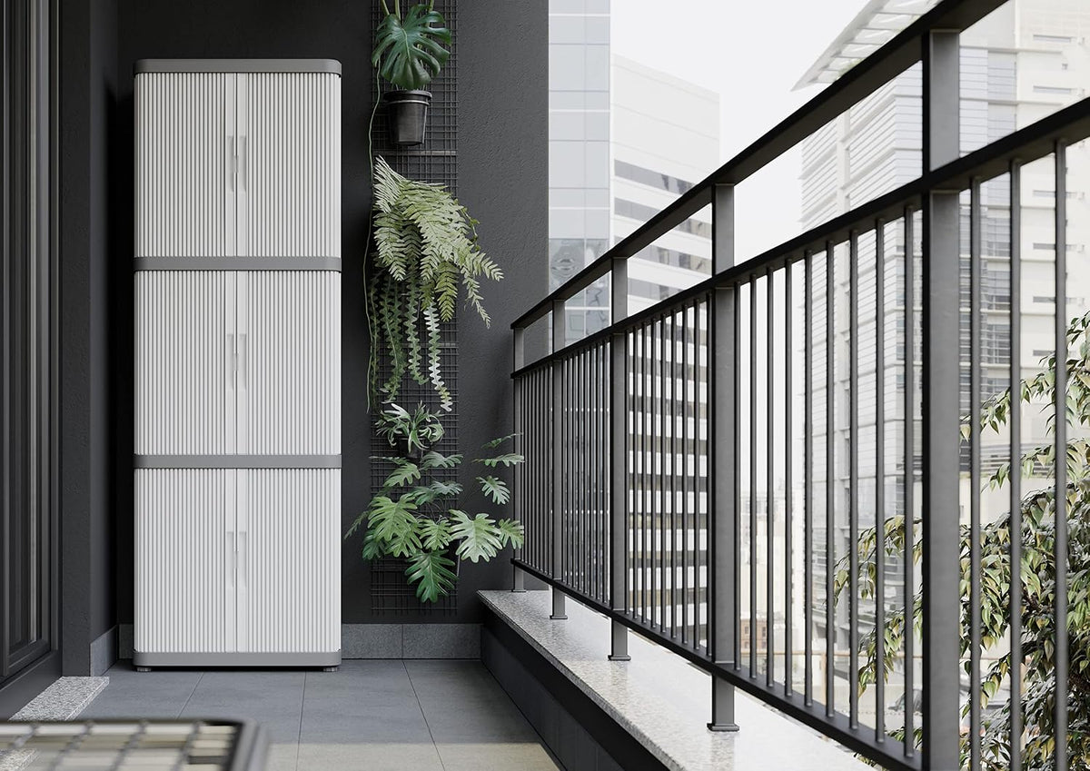 Terry, Rolling Space Cab 2, Indoor and Outdoor 2-Compartment Cabinet with Two Sliding Doors, 2 Adjustable Internal Shelves, Grey, in Recycled Plastic, Dimensions: 59x36x115 cm