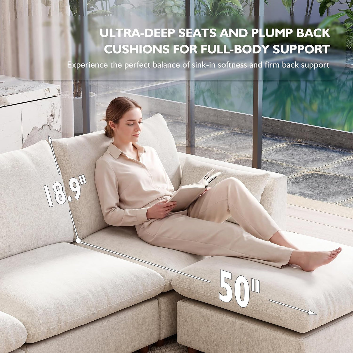 Ihanherry 111" Oversized Modular Sectional Sofa, Modern V Shaped Cloud Couch with Storage Ottoman, 6-Seat Comfy Chenille Deep Seat Sofa with 2 Pillows for Living Room, Beige