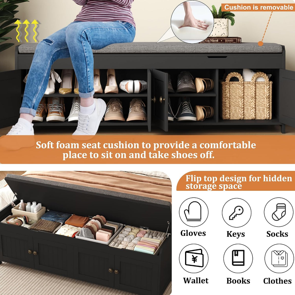 HOMEFORT 54.4" Shoe Bench with Lift Top Storage, Entryway Bench with Cushioned Seat, Wooden End of Bed Bench, Shoe Cabinet Bench with Hidden Storage Space, for Bedroom, Hallway,Black