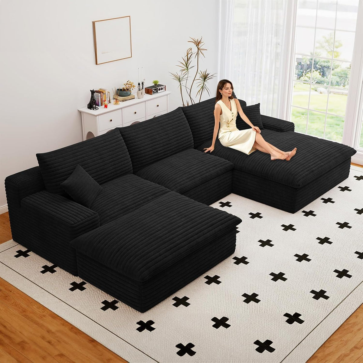 107" Cloud Couch Modular Sectional Sofa for Living Room, U-Shape Couch with Deep Seat, Modern Corduroy 3-Seater with Ottoman, No Assembly Required (Black,Right-Facing Chaise)