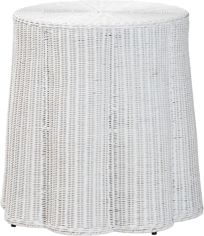 Bali & pari Palm Scallop Rattan Console Table – Handwoven Wicker Round Accent Table for Living Room, Sunroom or Foyer Place, Coastal Boho Style in White